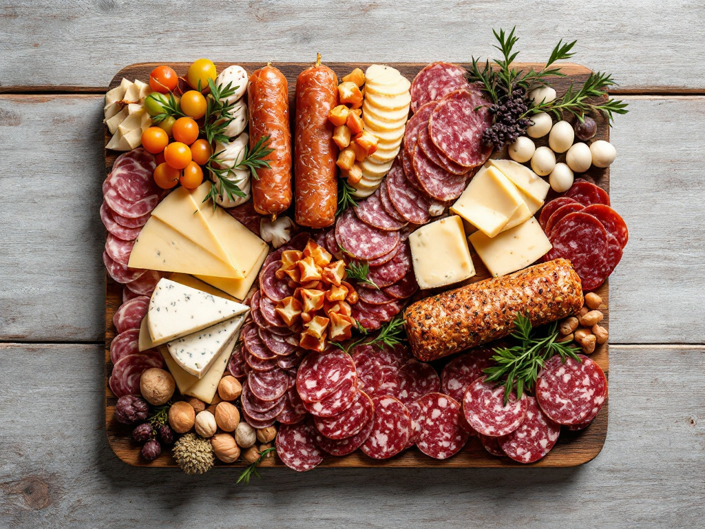 A charcuterie board with a balance of mild and robust salami options.