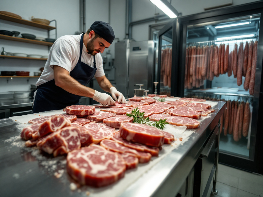Behind-the-scenes look at the salami-making process, highlighting the careful selection of pork cuts and the delicate art of curing.