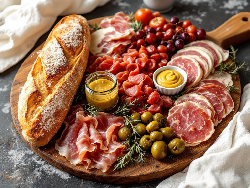 A close-up of a French charcuterie board featuring an assortment of cured meats, pâtés, and terrines.