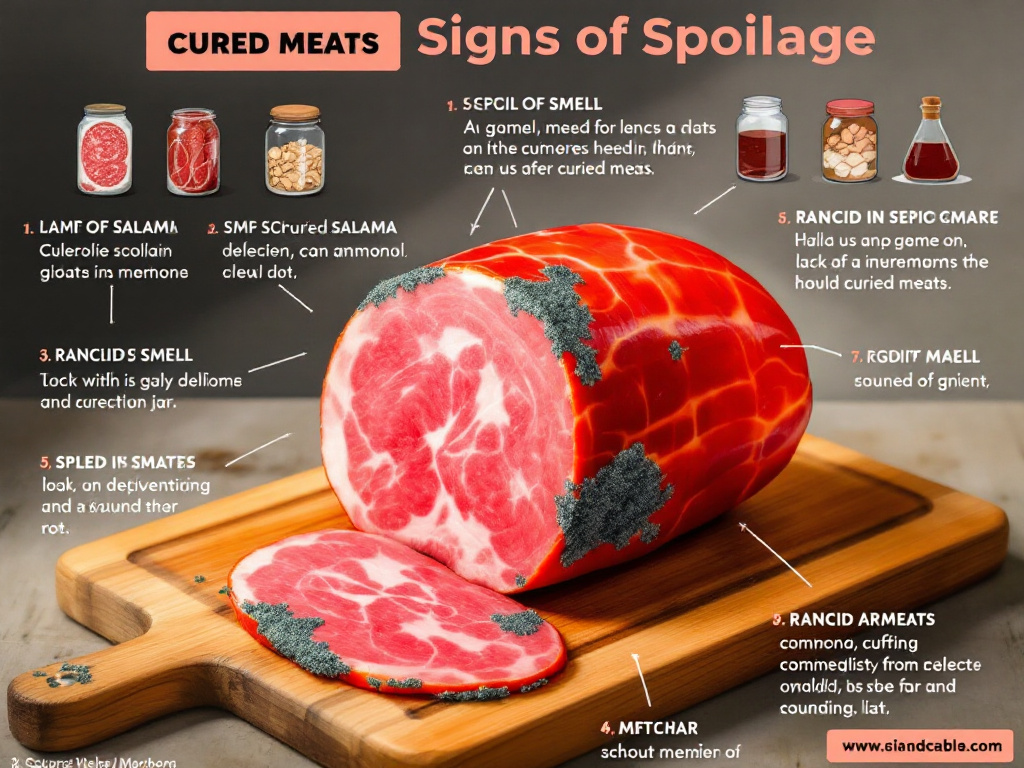 A visual guide on identifying signs of spoilage in cured meats, including color, smell, and texture changes.