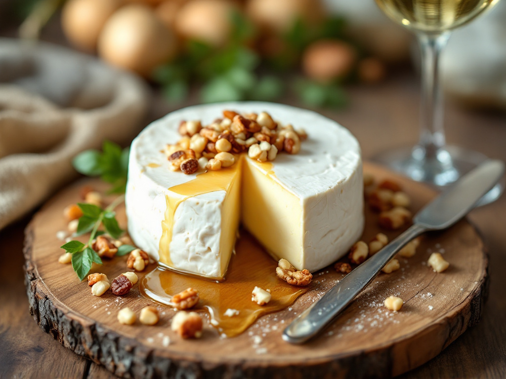 A close-up image of a Chevre (goat cheese) paired with a drizzle of honey and toasted nuts.