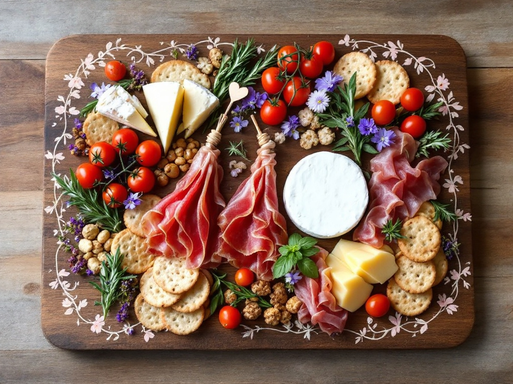 A beautifully plated charcuterie board, showcasing a variety of meats, cheeses, and accompaniments.