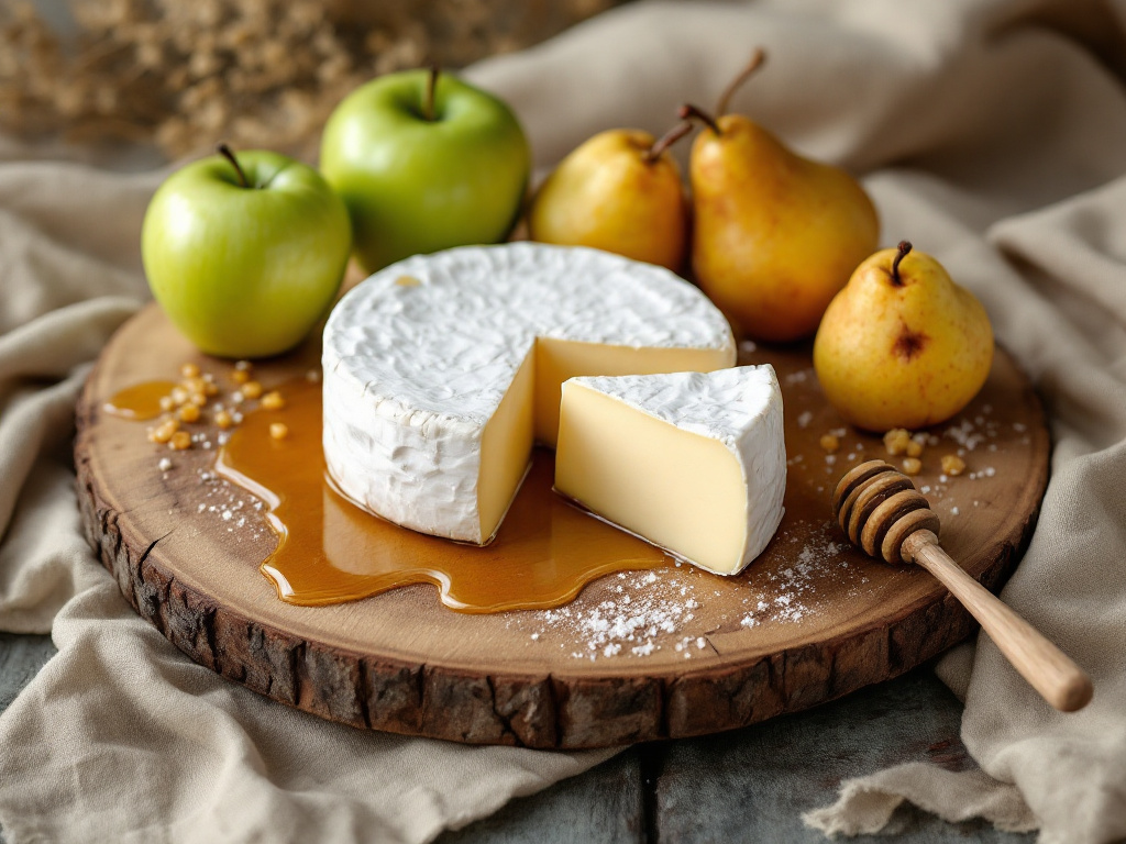 A rustic cheese board showcasing Fromager d'Affinois, paired with fresh apples, pears, and a drizzle of honey.