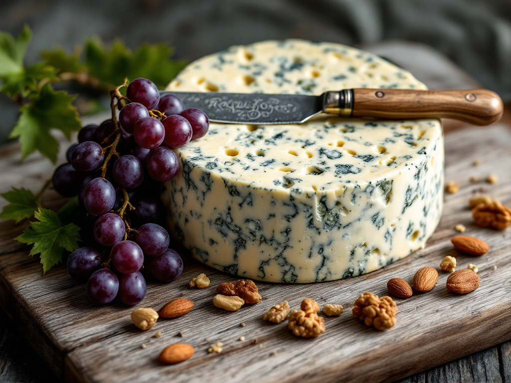 A wheel of authentic Roquefort cheese on a rustic wooden board, surrounded by grapes and nuts, with a cheese knife ready for serving.