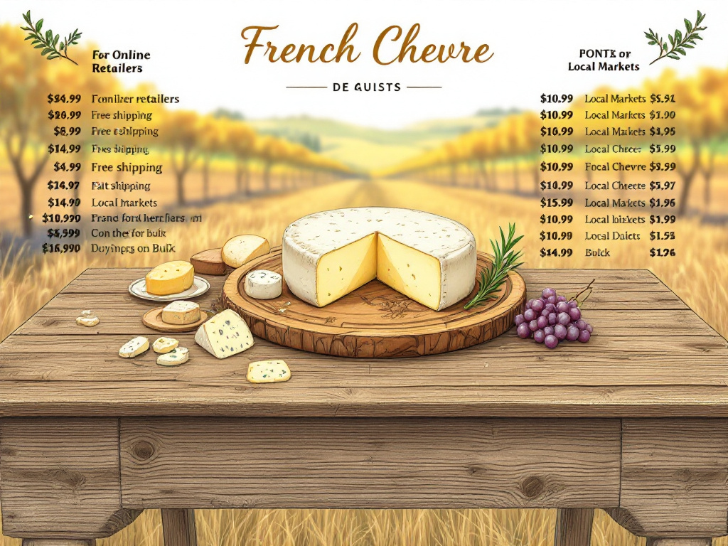 An image showcasing a detailed French chevre cheese price comparison chart, highlighting the different prices from various online retailers and local markets.