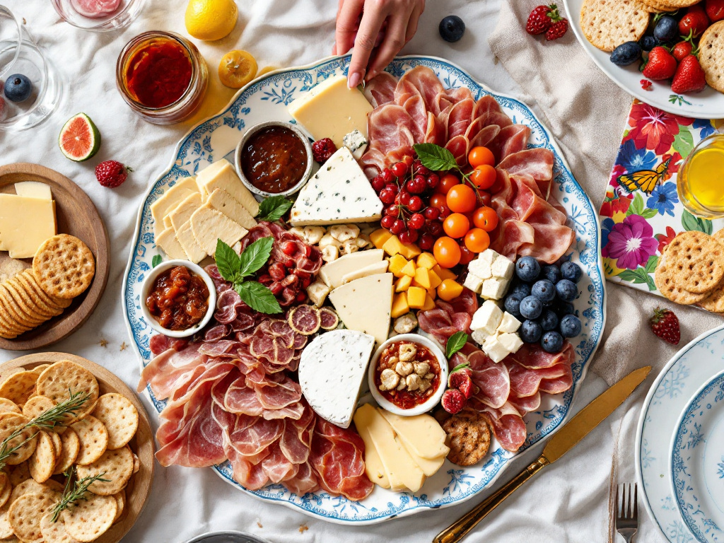 A festive table set with a charcuterie board, surrounded by people from different cultures enjoying a meal together.
