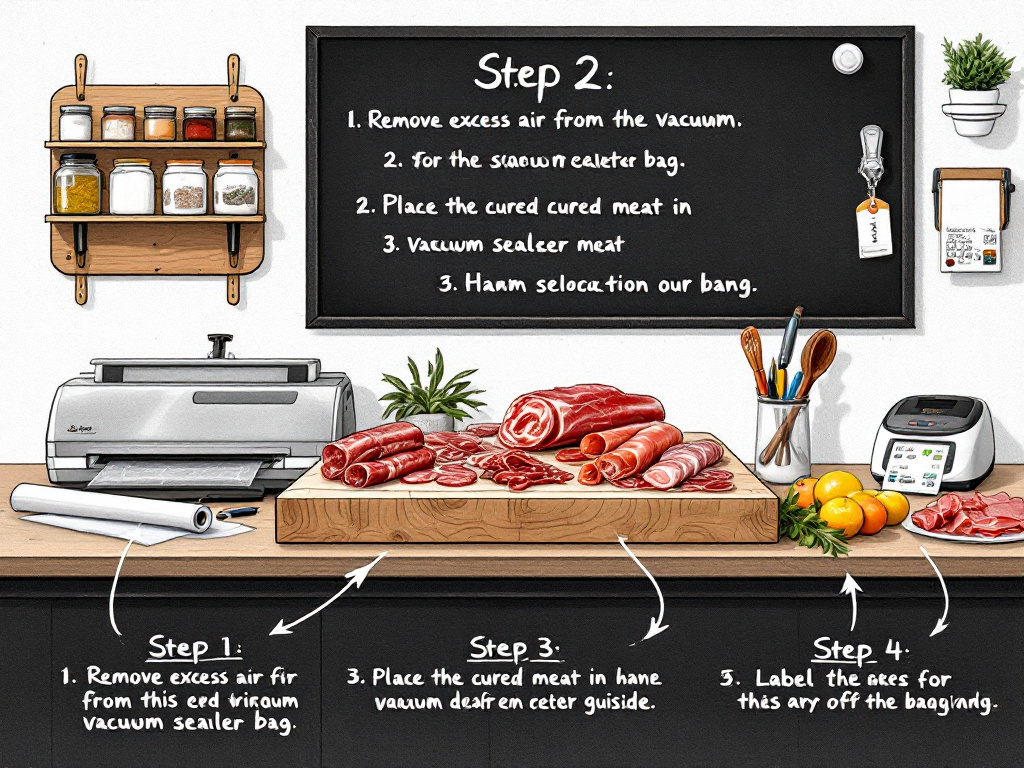 A step-by-step guide on wrapping and storing cured meats, including vacuum sealing and labeling.