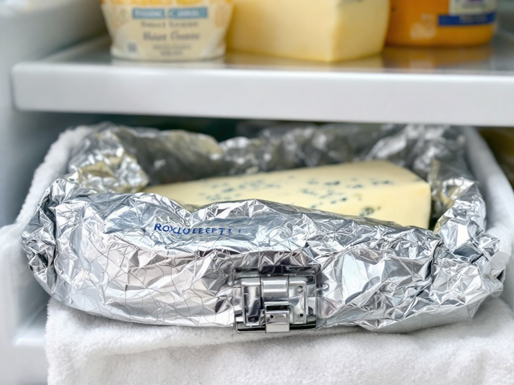 Blue cheeses like Roquefort stored in the refrigerator