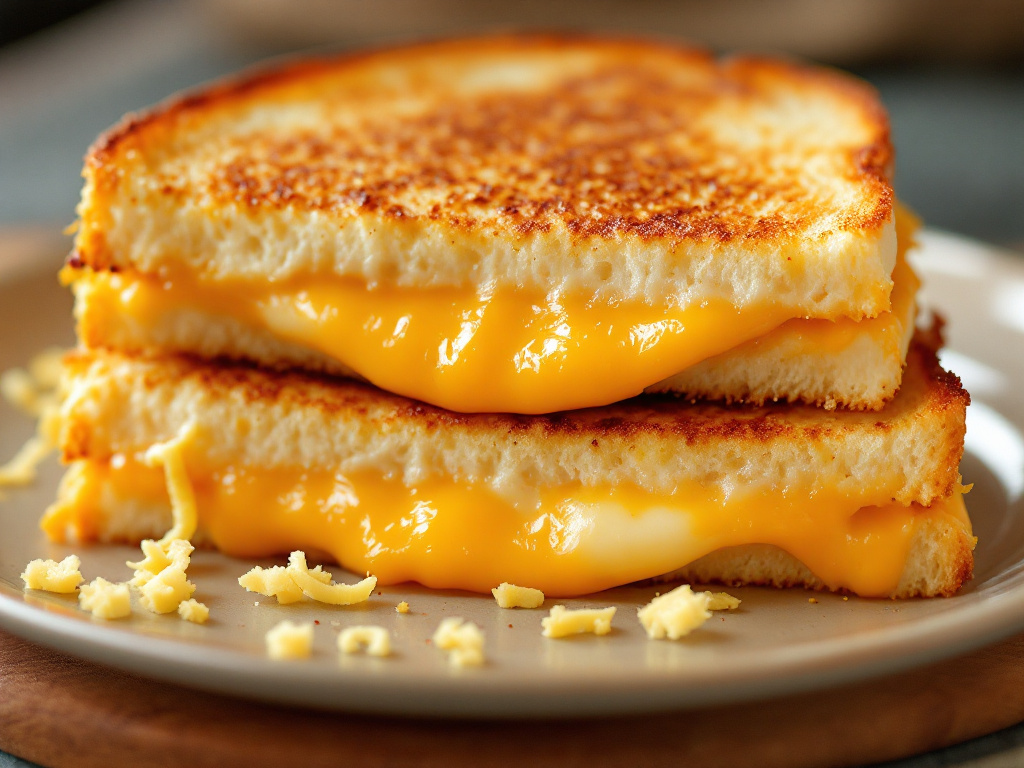 A mouthwatering image of a grilled cheese sandwich with melted cheese oozing out between two perfectly toasted slices of bread.