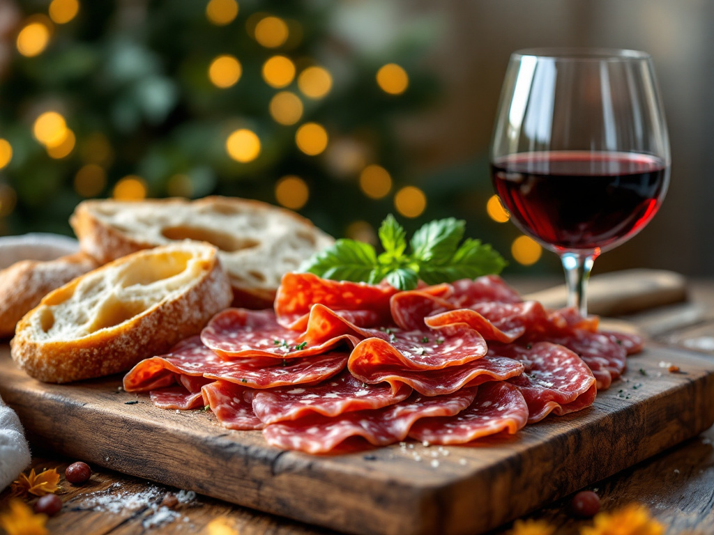A delicious platter of traditional Italian salami made from the finest pork cuts, including pork shoulder, pork belly, and leg cuts, with a rustic wooden board, a sliced baguette, and a glass of red wine.
