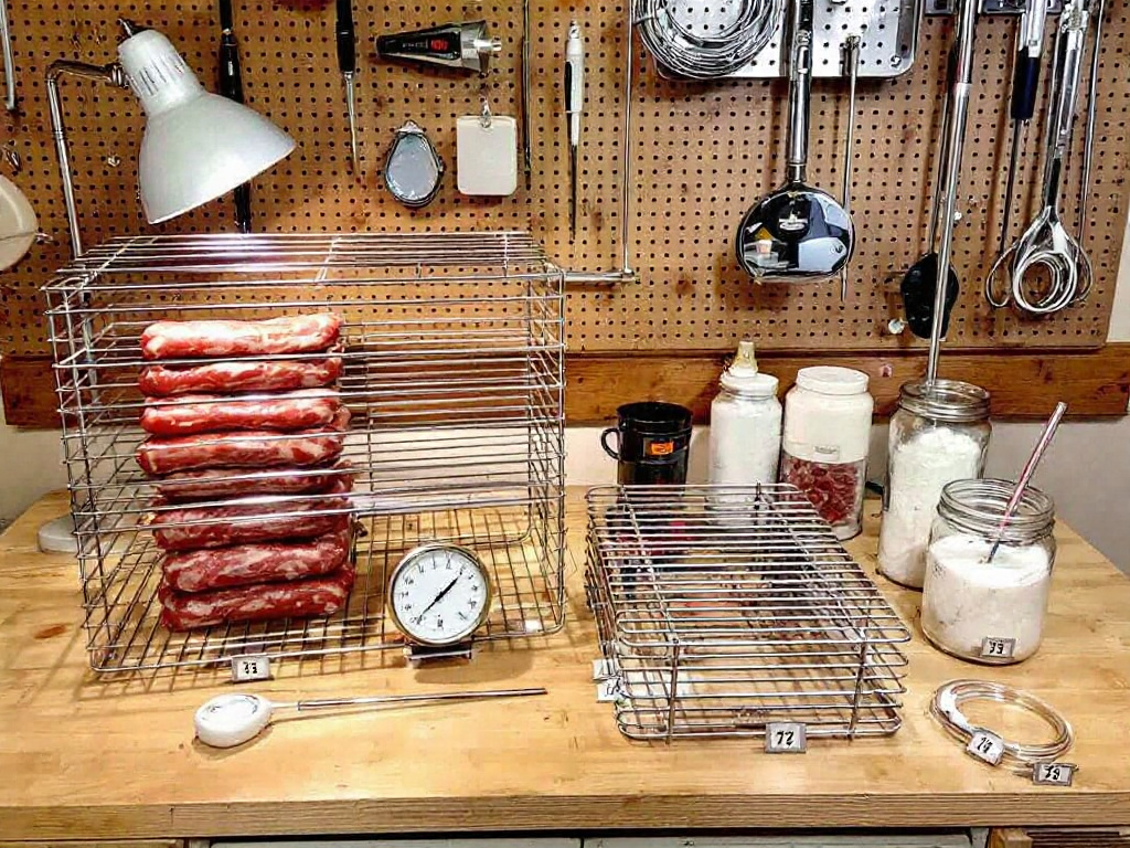 Essential equipment for meat curing, including a hygrometer, thermometer, and racks.