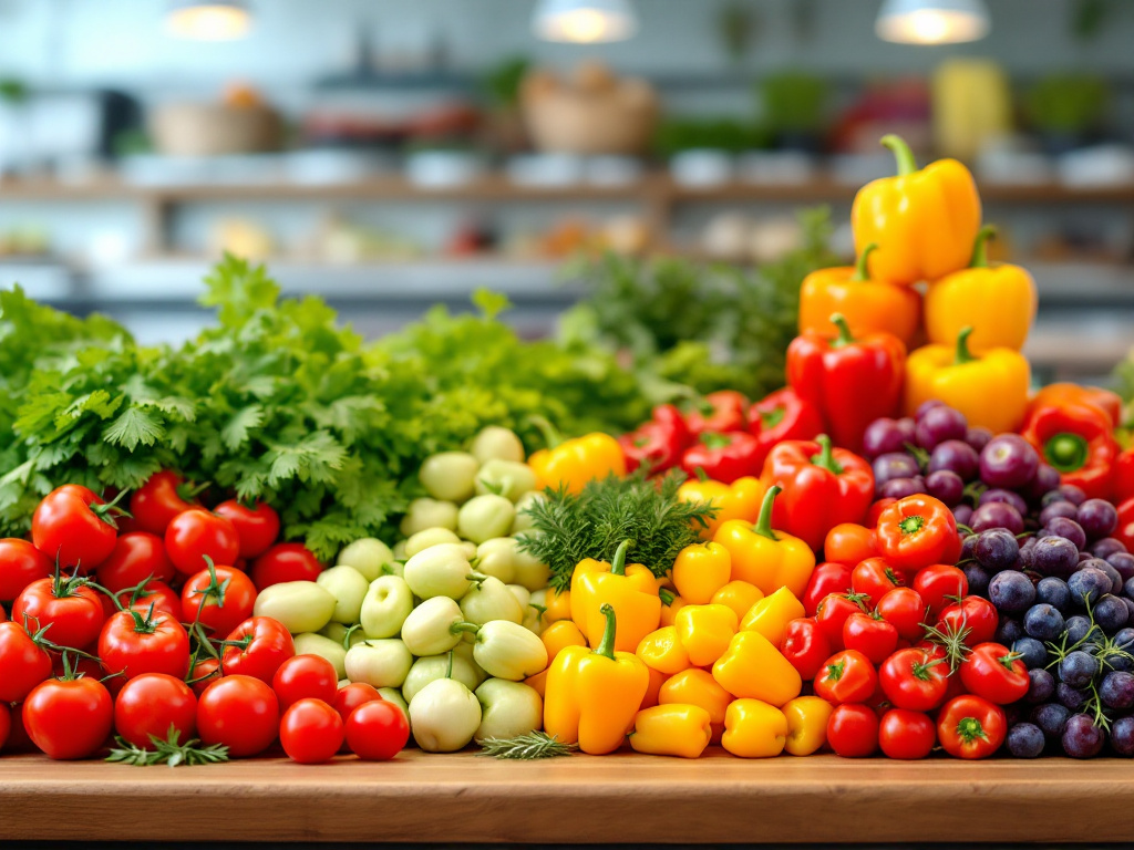 A vibrant image of a deli counter filled with fresh fruits, vegetables, and herbs, with a focus on the colorful array of produce.