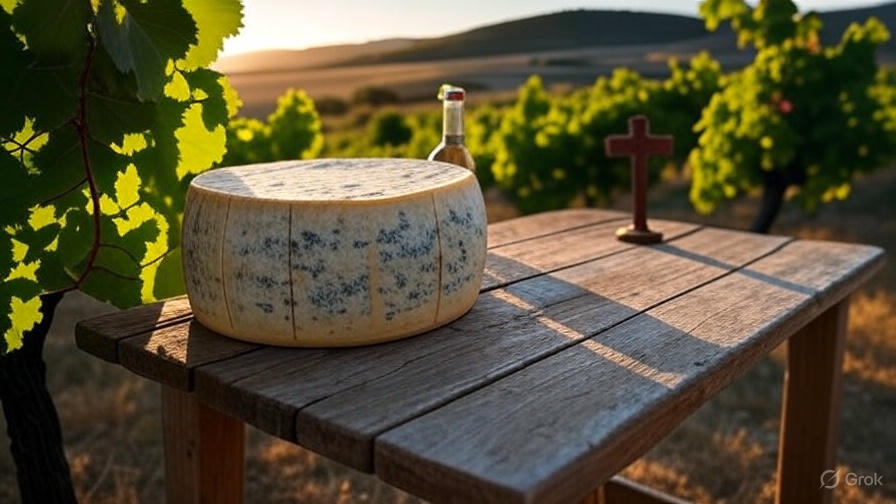 Cathare cheese wheel with Occitan cross on rustic table in Languedoc setting