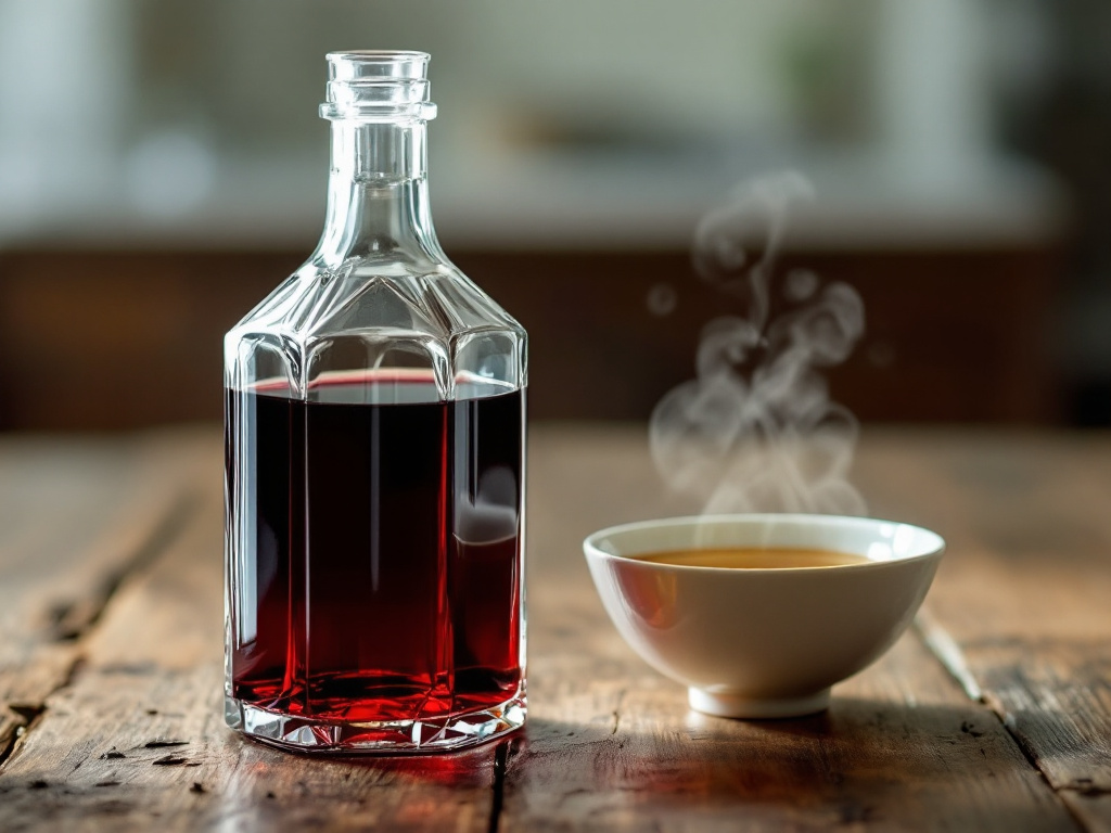 A bottle of red wine and a small bowl of vinegar.