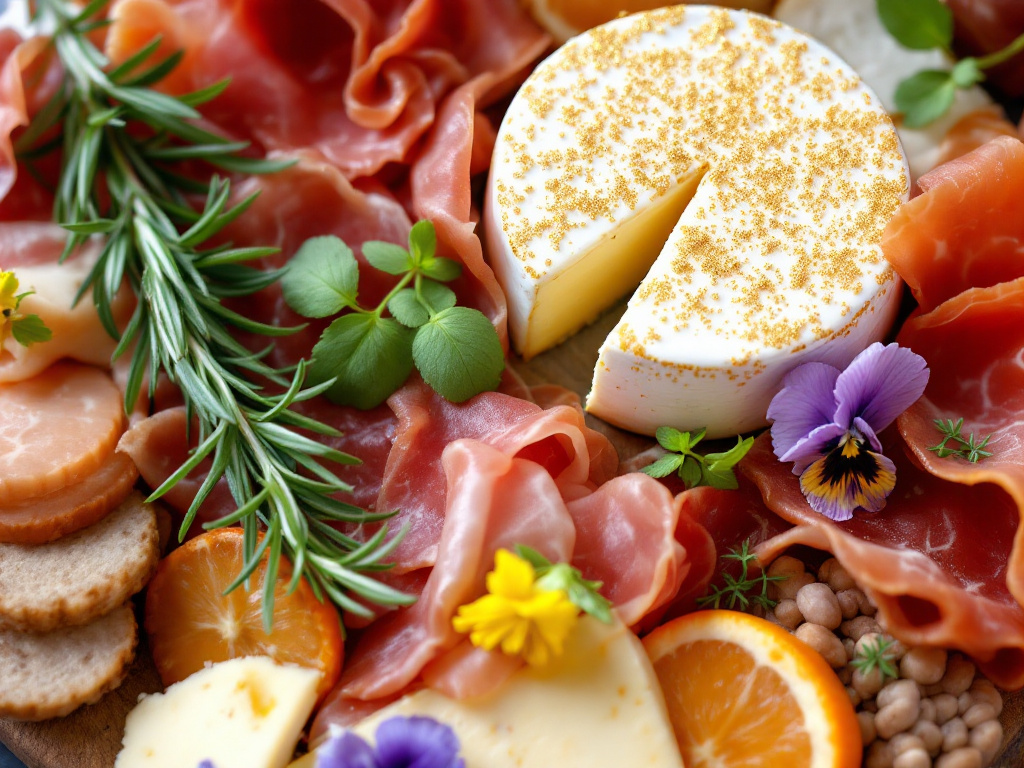A charcuterie board with fresh herbs and edible flowers as garnishes, adding a pop of color and fragrance.