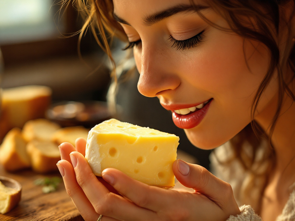 A person smelling and tasting cheese, demonstrating the techniques to enhance the flavor experience.