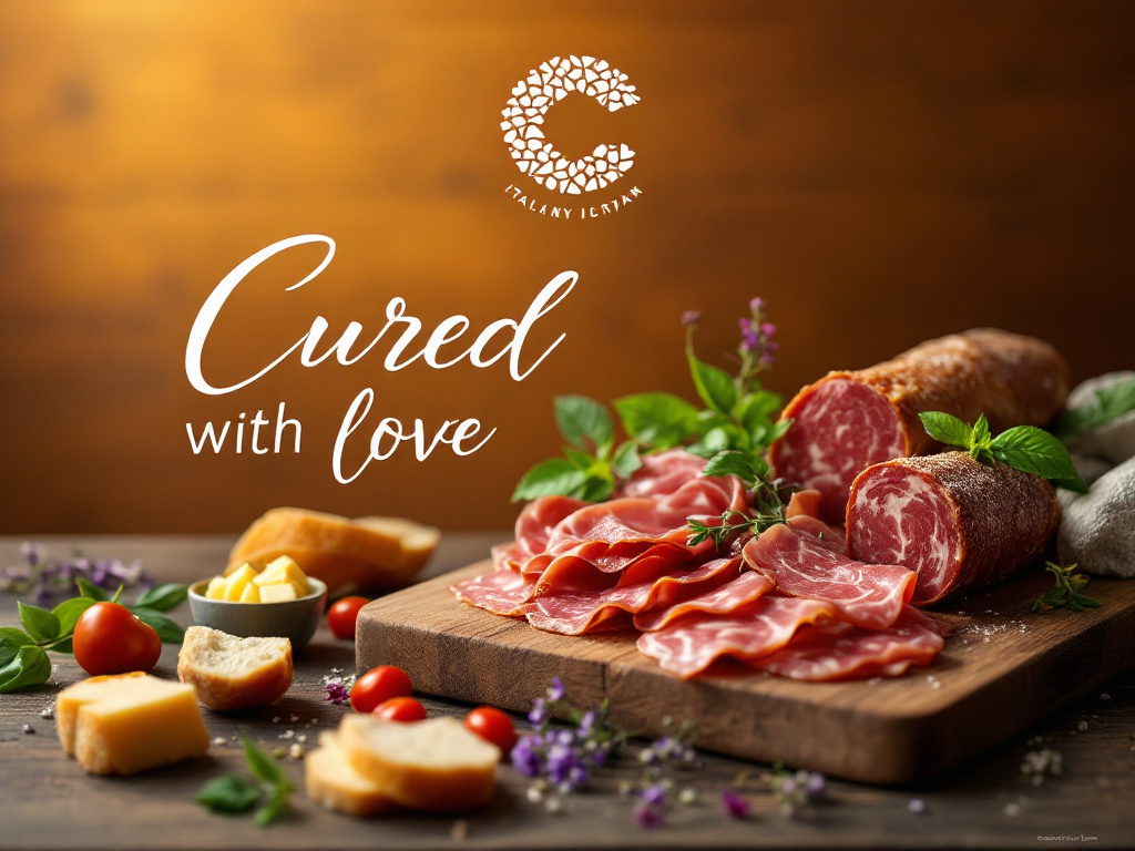 A social media post showcasing artisanal cured meats with engaging captions and branding elements.