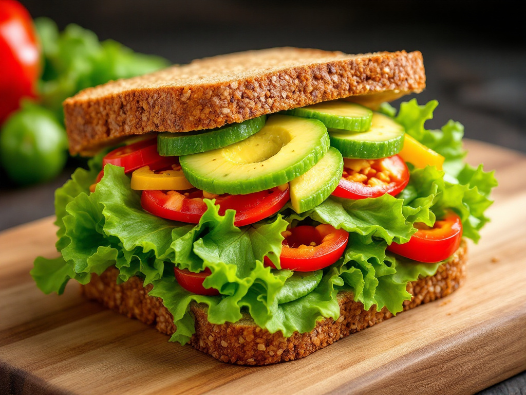 A vibrant image of a veggie sandwich packed with an assortment of fresh vegetables like lettuce, cucumber, bell peppers, and avocado on multigrain bread.