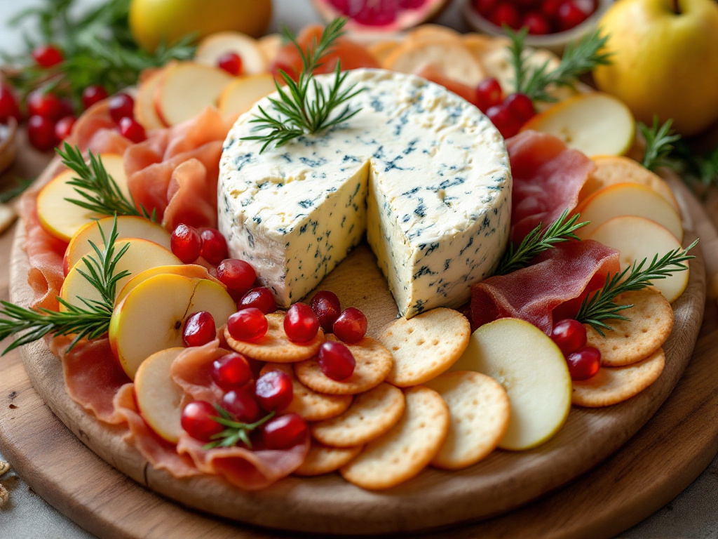 A beautifully arranged cheese platter with Roquefort cheese as the centerpiece, accompanied by an assortment of crackers, fresh fruits, and cured meats.