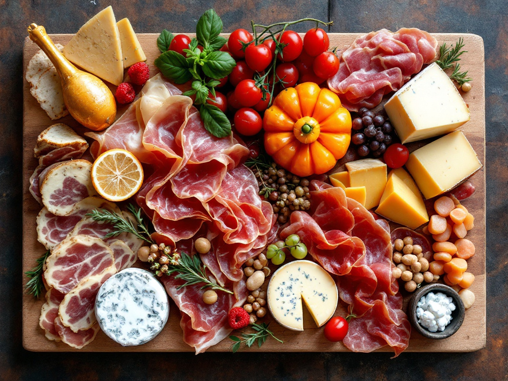 A platter of authentic French charcuterie with various meats, cheeses, and accompaniments.