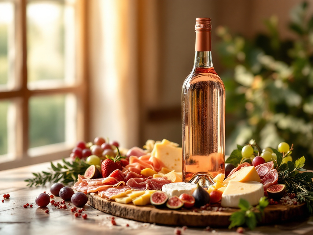 A bottle of Italian Rosé next to a charcuterie board with prosciutto, fresh fruit, and cheese, showcasing the versatility of the wine.