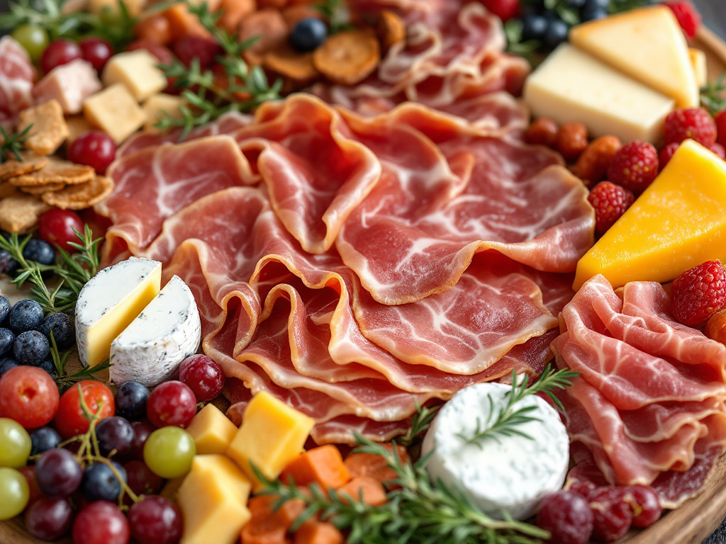A charcuterie board with a variety of French cured meats