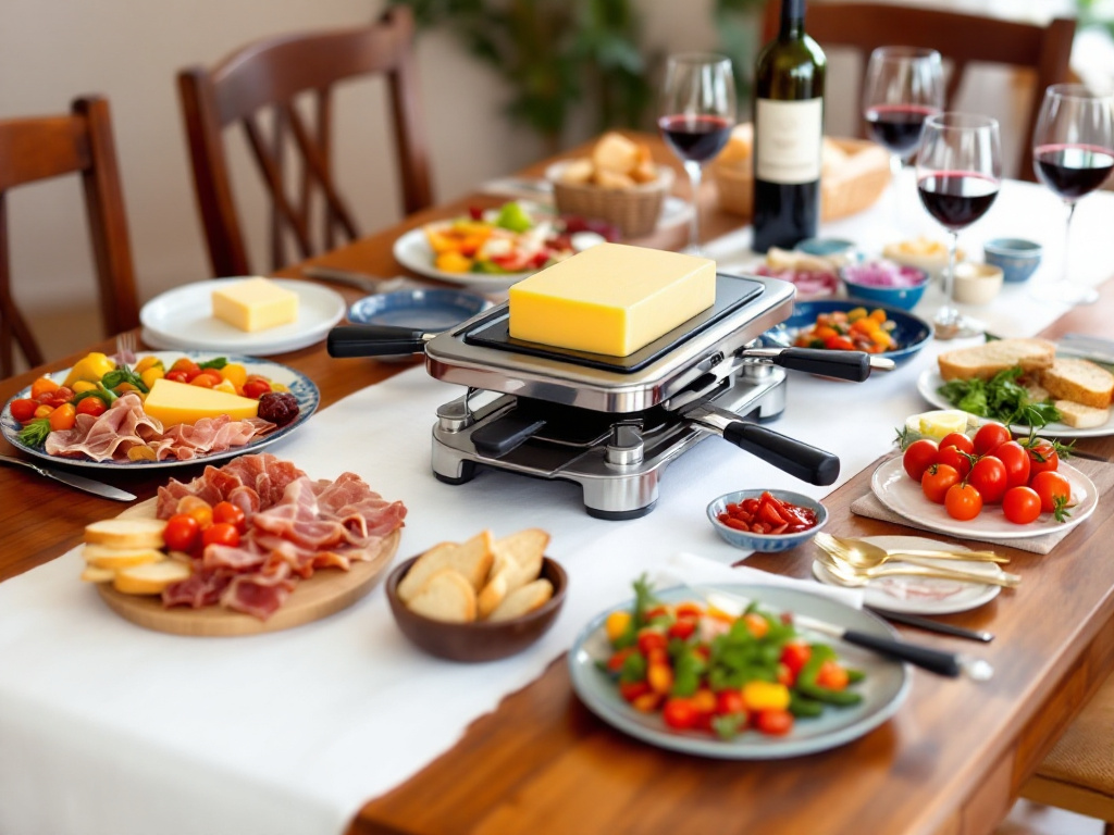  A cozy dining table set for a raclette dinner, with a raclette grill in the center, surrounded by plates of cheese, meats, vegetables, and wine glasses.