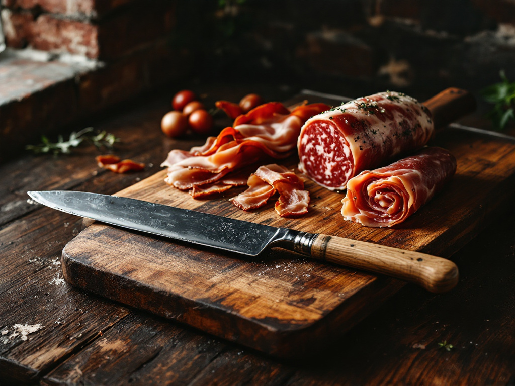 A rustic wooden table with an assortment of cured meats, including prosciutto, salami, and bacon, arranged artfully with a vintage knife and cutting board.