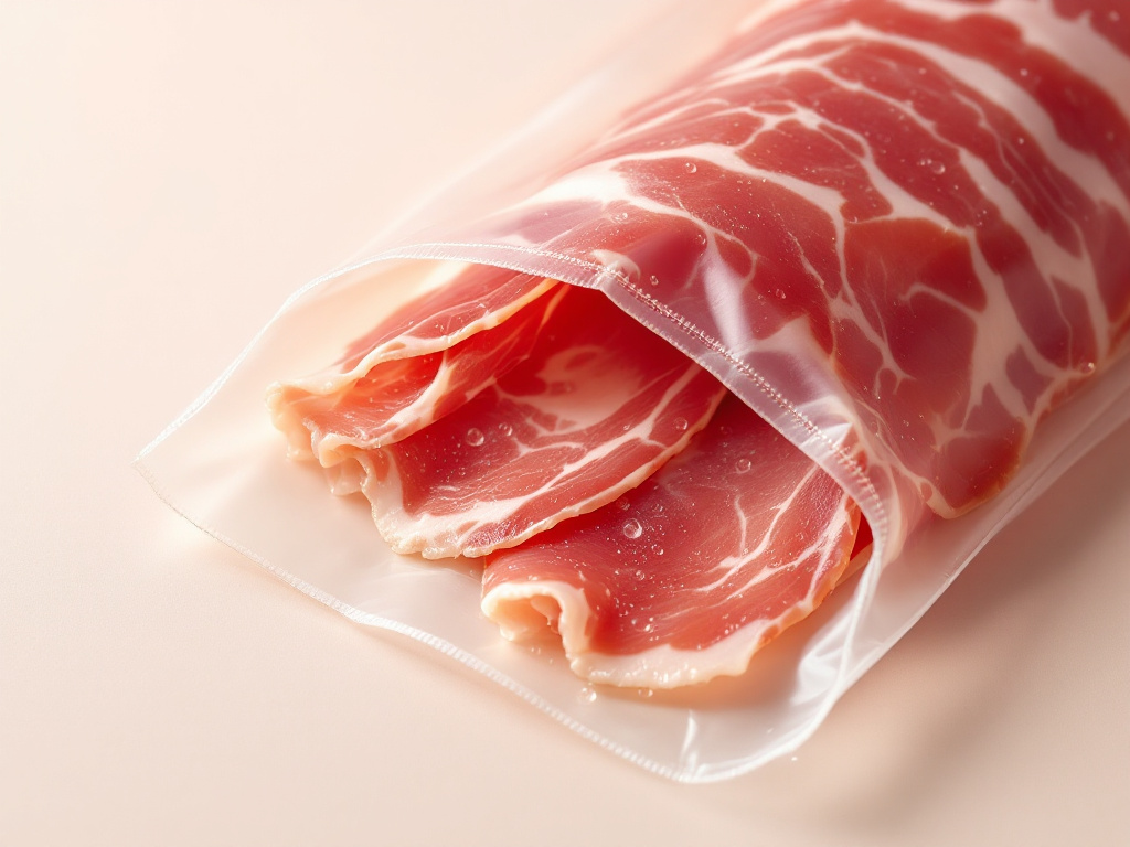 A close-up of freshly sliced prosciutto, showcasing its delicate texture and rich color.