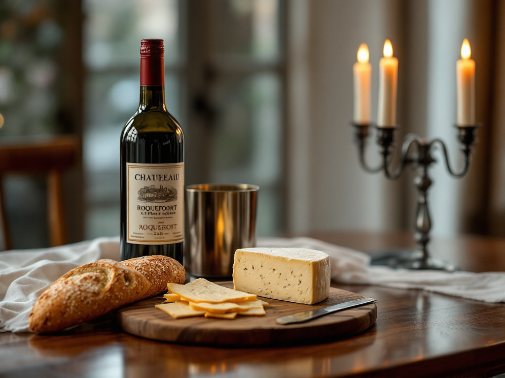 A cozy dining table set with a bottle of wine, a cheese board featuring Roquefort cheese, and a sliced baguette, ready for a relaxing evening.