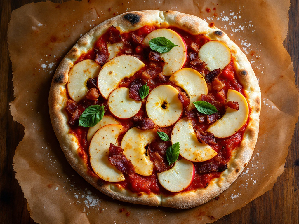 A homemade pizza with a thin crust, topped with tomato sauce, sliced apples, crispy bacon, and melted Reblochon cheese, overhead shot, rustic style.