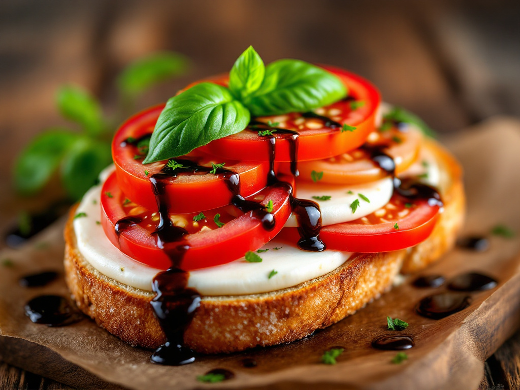 An enticing image of a Caprese sandwich with fresh mozzarella, ripe tomatoes, basil leaves, and a drizzle of balsamic glaze on crusty bread.
