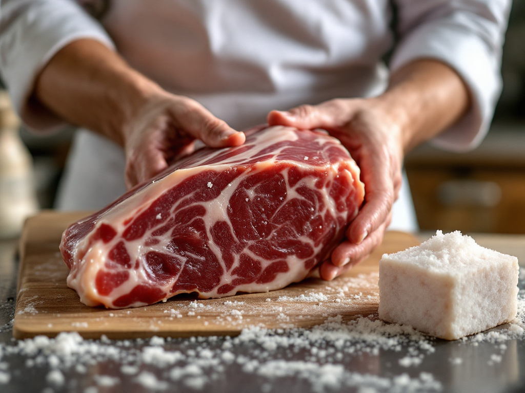  Selecting Quality Ingredients - A chef carefully selecting high-quality pork and natural sea salt for the prosciutto curing process.
