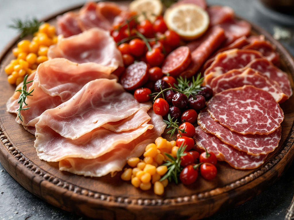  Thinly sliced prosciutto with a rich, savory flavor.