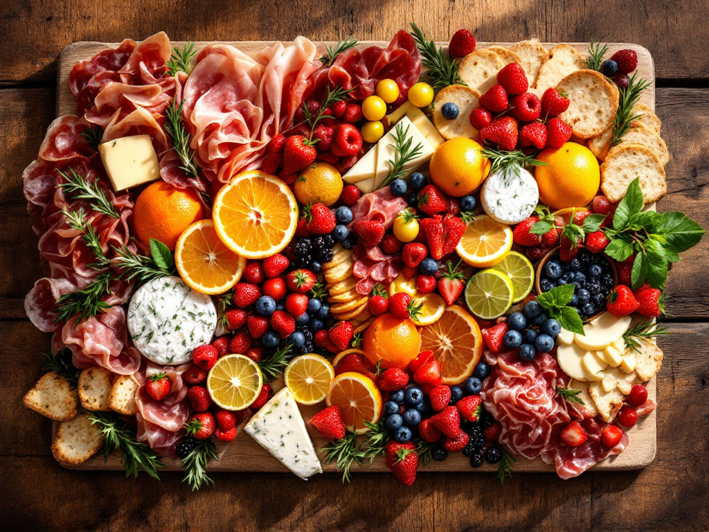 A charcuterie board with citrus segments and berries, providing a tangy contrast to the meats and cheeses.