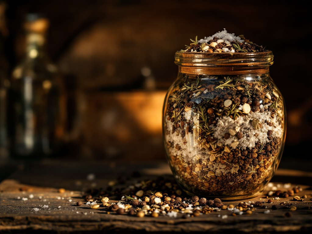 A jar of seasoning blend resting on a shelf