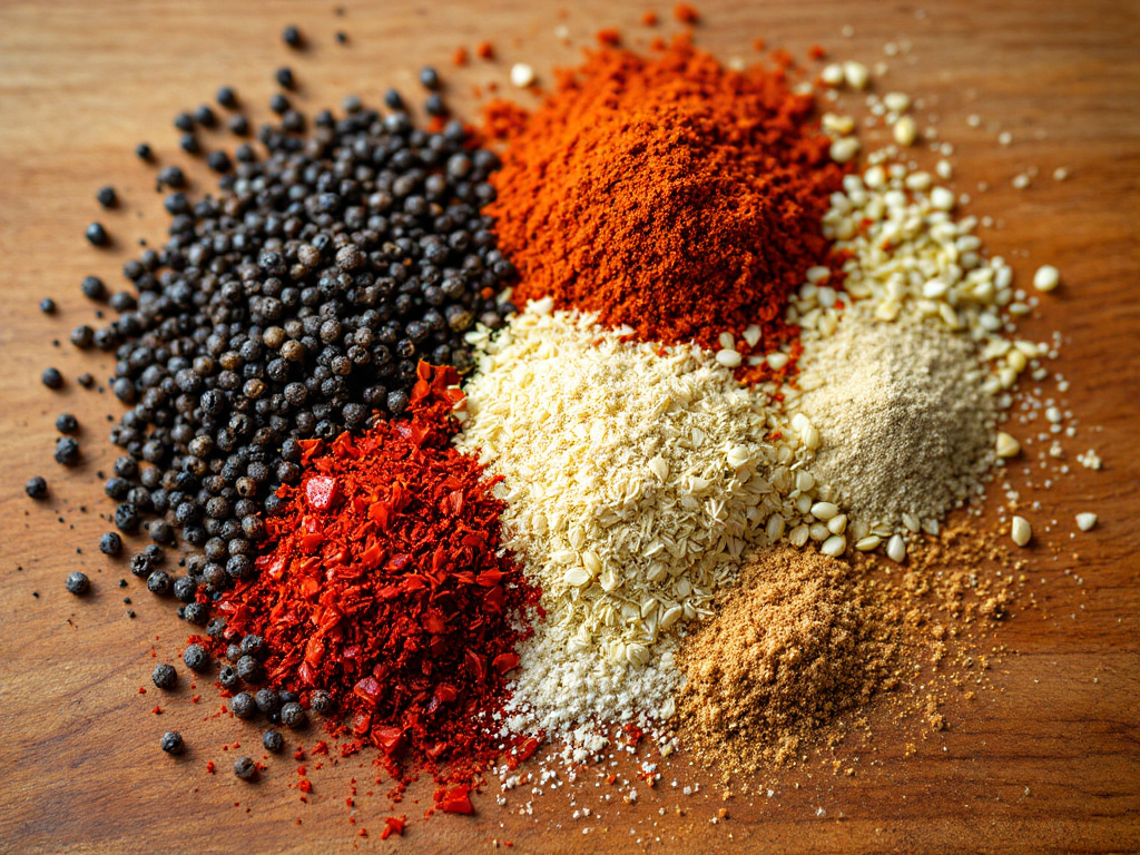 A vibrant mix of black pepper, fennel seeds, crushed red pepper, garlic powder, and nutmeg.