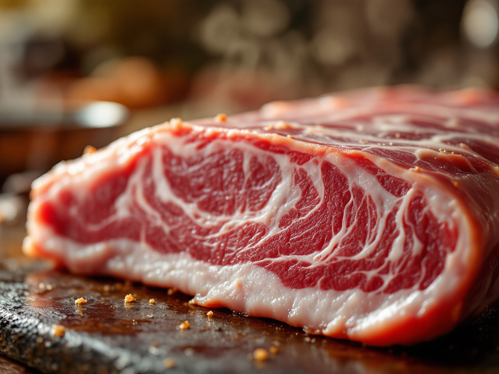 Marbled pork belly close-up, highlighting the rich fat content crucial for traditional Italian salami.