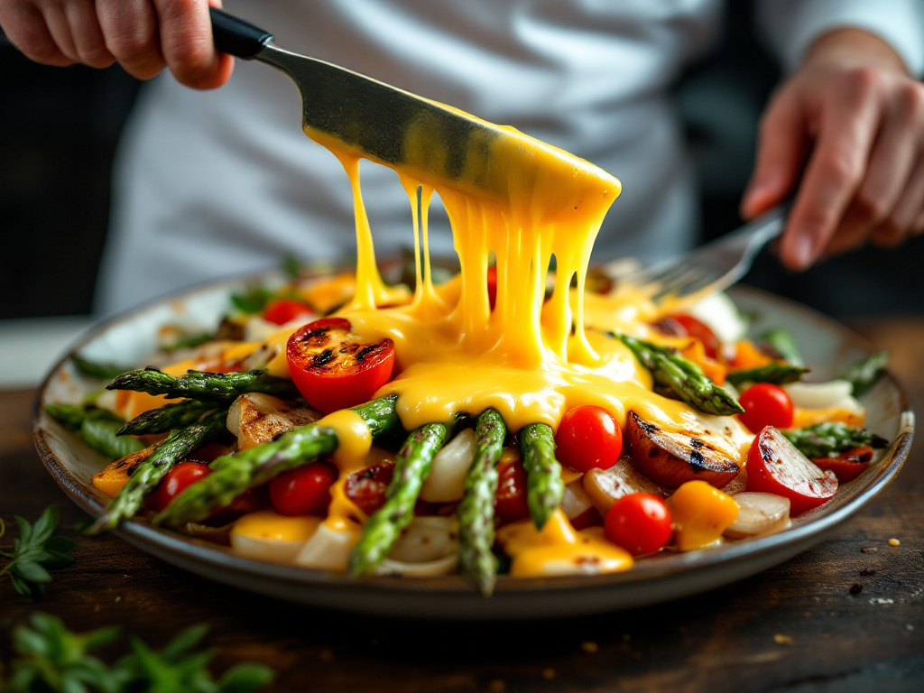 A person scraping melted raclette cheese onto a plate of grilled vegetables, highlighting the versatility of raclette in modern cuisine.