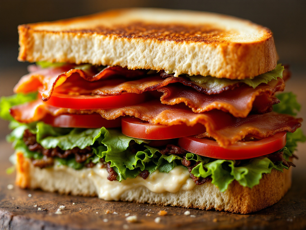A tempting image of a BLT sandwich with crispy bacon, fresh lettuce, and ripe tomatoes on toasted bread, cut in half to show the layers.