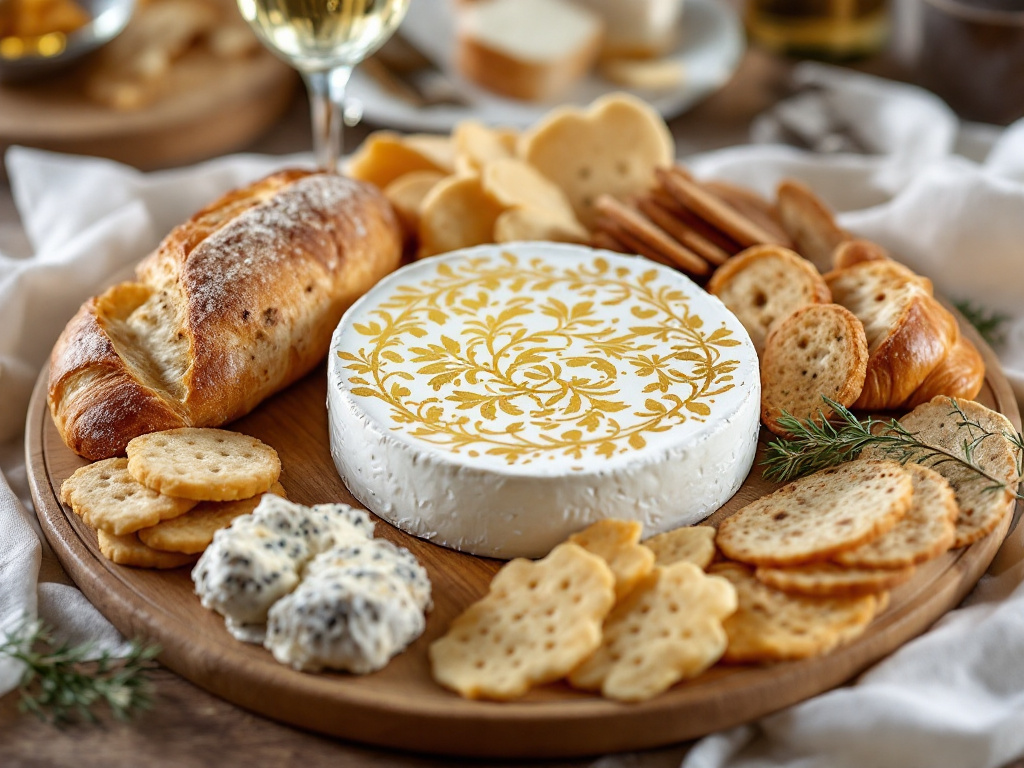 A cheese board with Brillat-Savarin as the centerpiece, surrounded by an assortment of artisanal breads, savory crackers, and a glass of champagne.