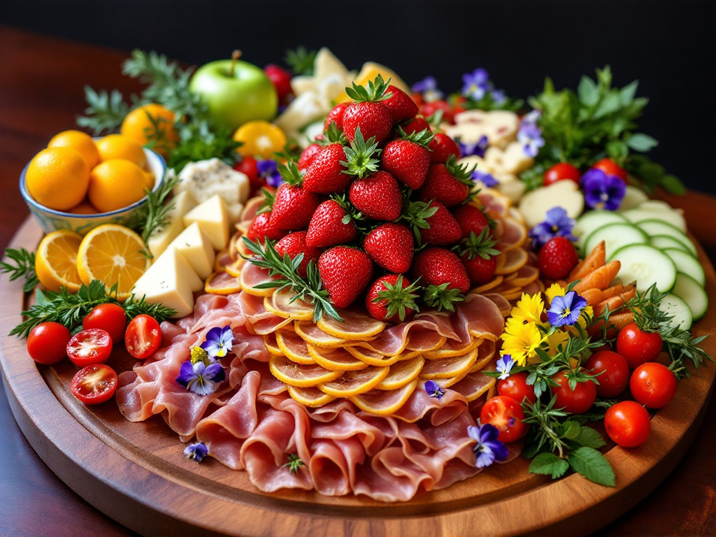 A vibrant charcuterie board featuring fresh fruits like strawberries, oranges, apples, cherry tomatoes, and cucumbers, along with herbs and edible flowers for added color and flavor.