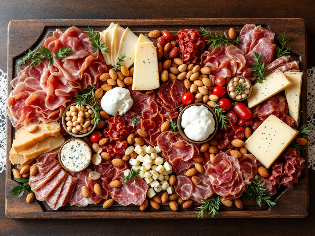 A charcuterie board with a balanced mix of cured meats, cheeses, nuts, crackers, and accompaniments like honey, dried fruits, and olives, showcasing harmonious flavor combinations.