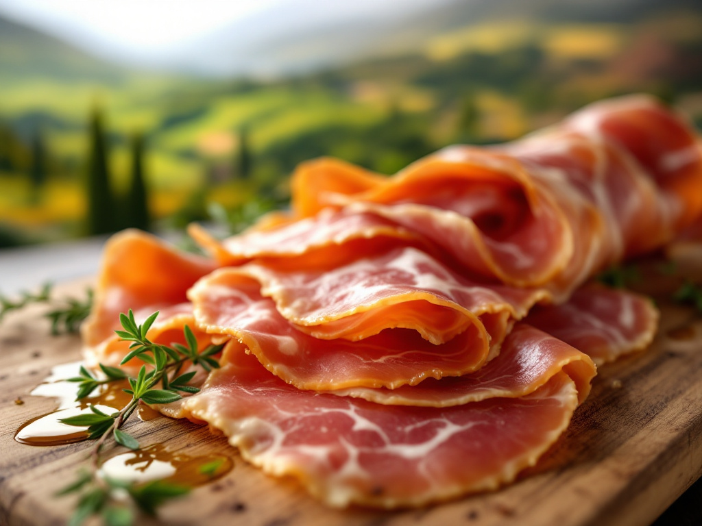 A close-up of Prosciutto di Parma, showcasing its rich, heart-healthy benefits.