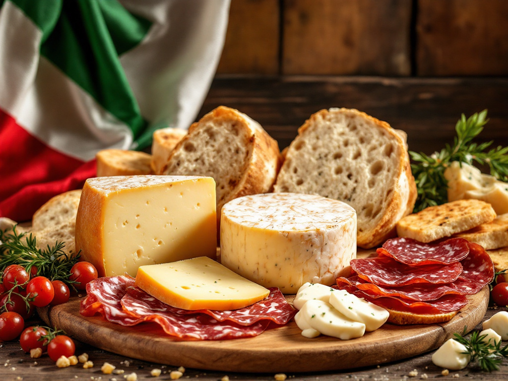 A selection of cheeses and breads that complement Italian salami.