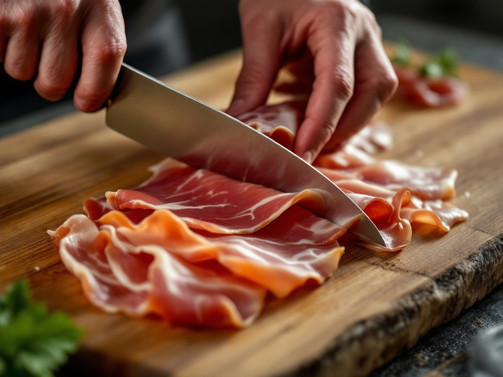 A step-by-step visual guide on how to slice prosciutto correctly.