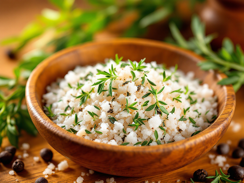 Coarse sea salt and fresh herbs like thyme and oregano