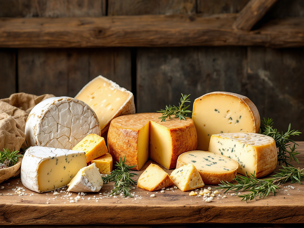 A variety of French cheeses on a rustic wooden table, highlighting the different textures and colors resulting from the aging process.