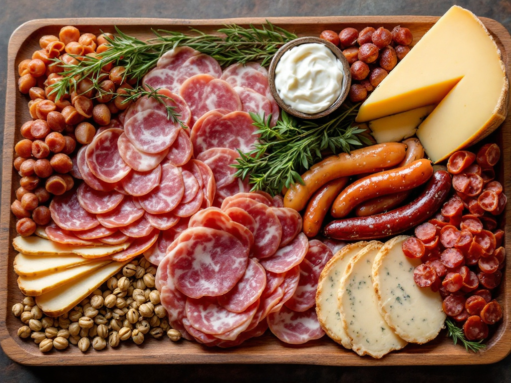 A charcuterie board with a variety of Lyon's classic charcuterie delights, including saucisson, pate en croute, rosette de Lyon, and andouillette, arranged on a rustic wooden board with cheeses, bread, and fruits.