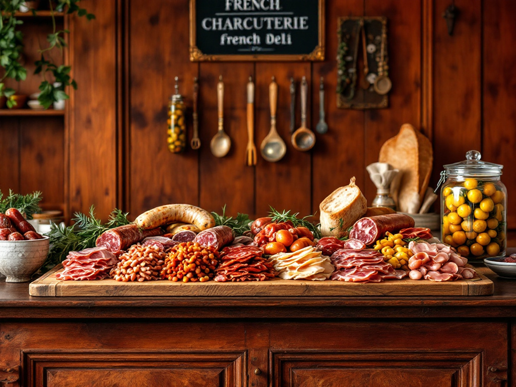 A French deli counter displaying a variety of charcuterie meats and sausages.